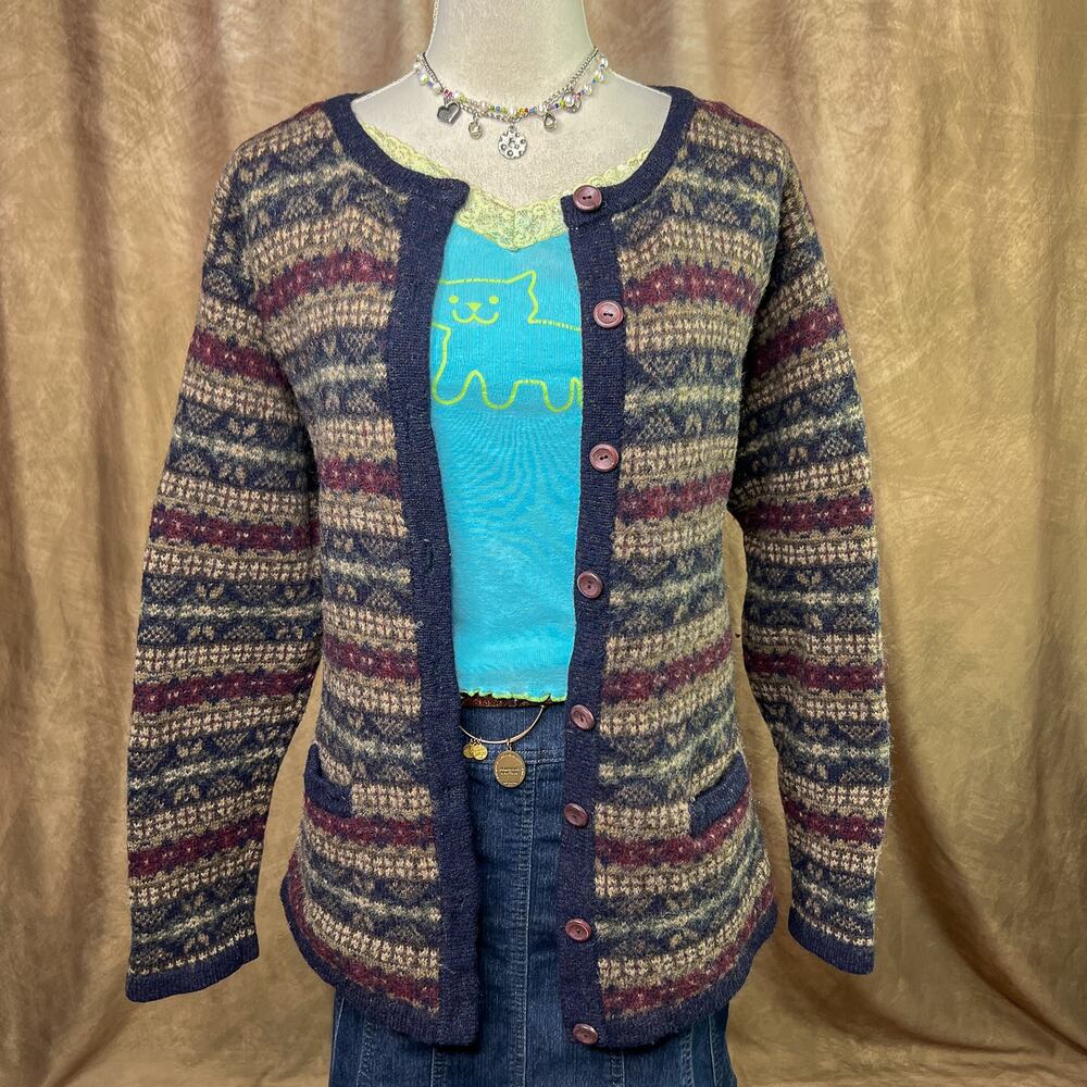 Vintage Y2K Fair Isles Cardigan Sweater Wool Button Up Nordic Cabincore Folk